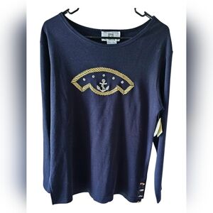 Anne Klein 90's VTG Nautical Anchor Navy Knit Top NWOT Size M